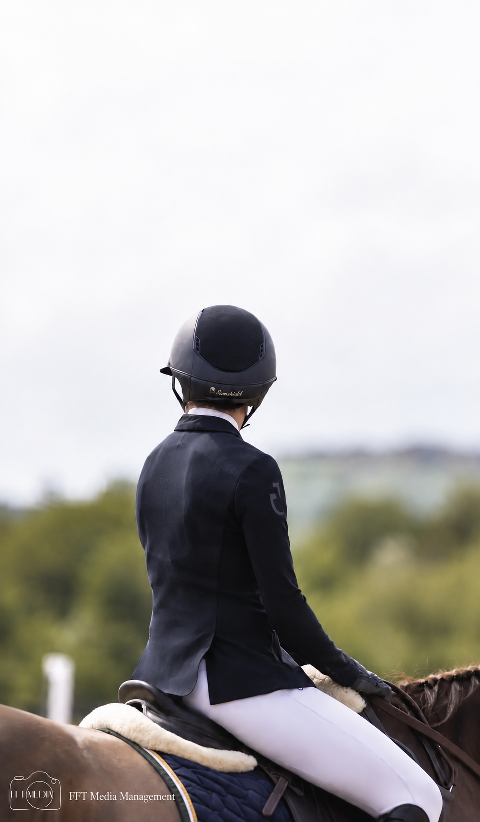 Bay sport horse and rider walking in the show jumping warm-up arena