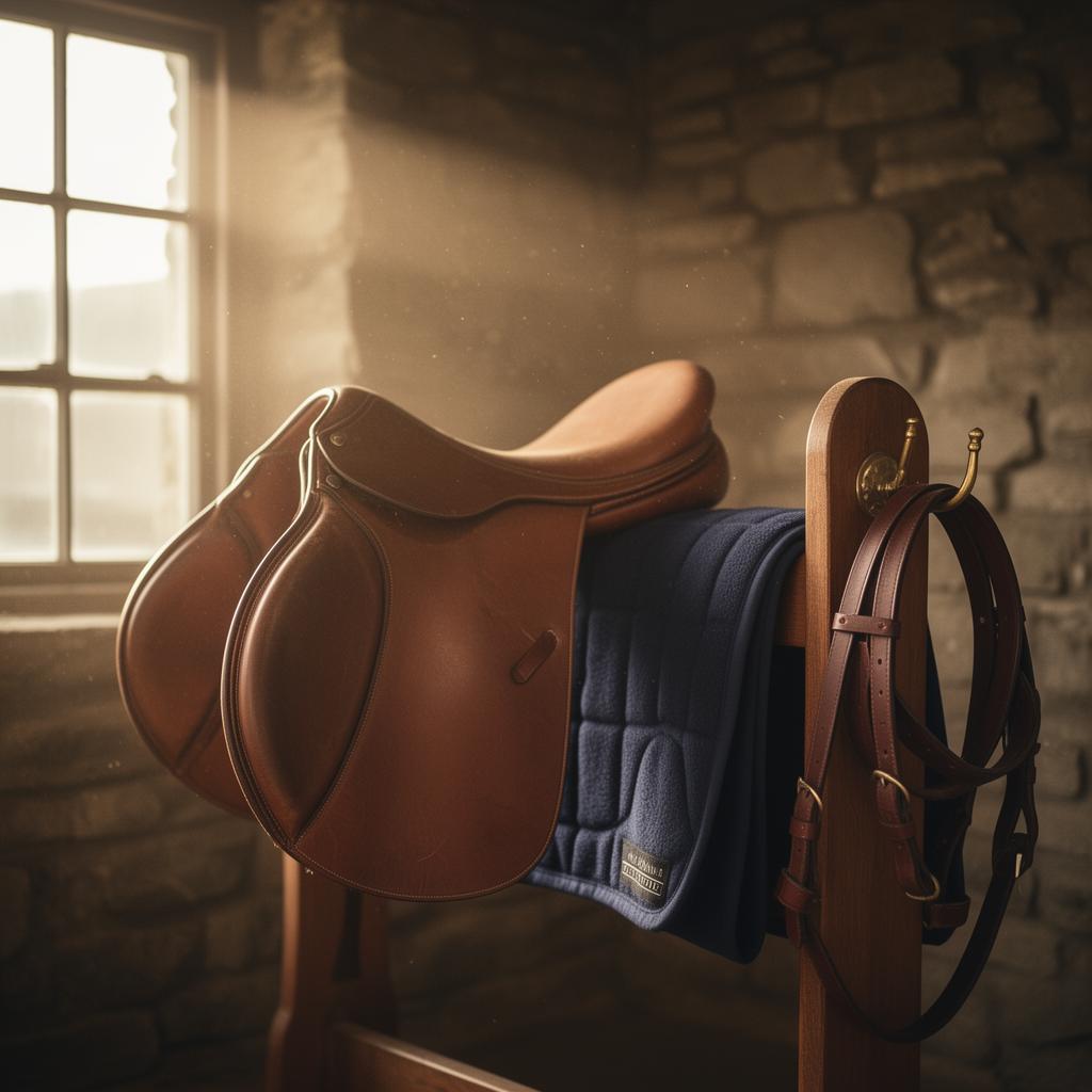 A leather English saddle resting on a wooden rack in the ECI tack room at golden hour